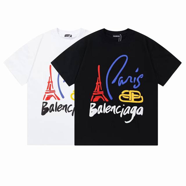 Dbb573# Balenciaga Eiffel Tower print short-sleeve Loose version uses 260g combe