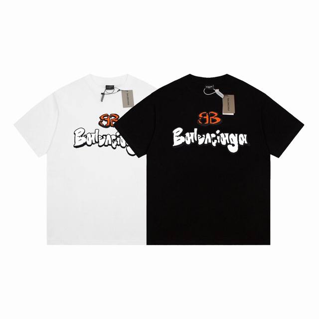 Dbb572# Balenciaga cartoon letter print short sleeves Loose version uses 260g co