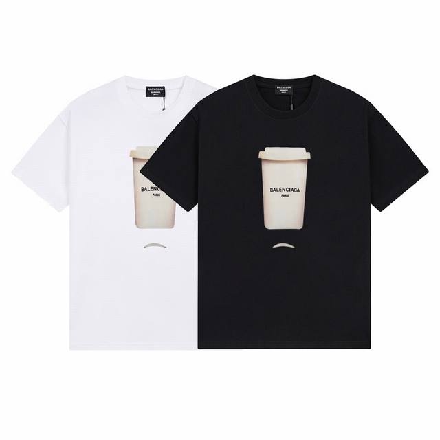 Dbb565# Balenciaga coffee cup print short sleeves Loose version uses 260g combed