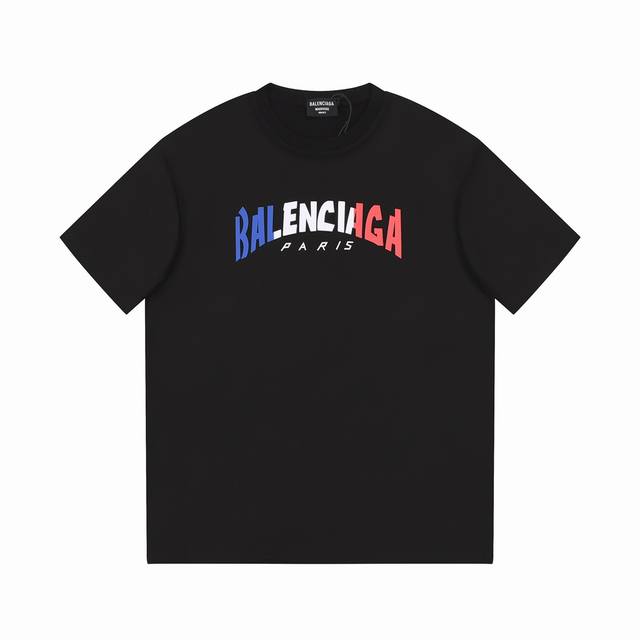 Dbb545# Balenciaga three-color stitching letter print short sleeves The loose ve