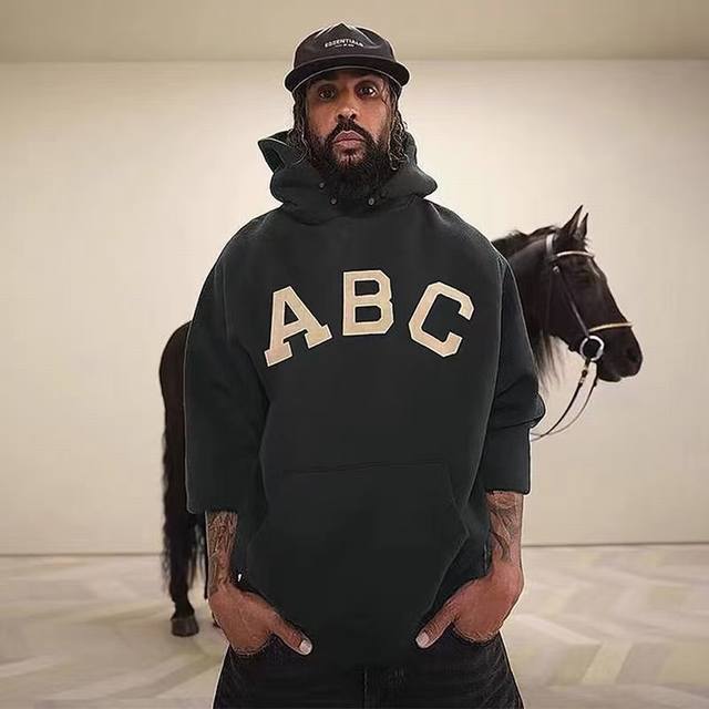 Plus velvet hooded Fog-807#7th season main line flocking print Abc sweater black