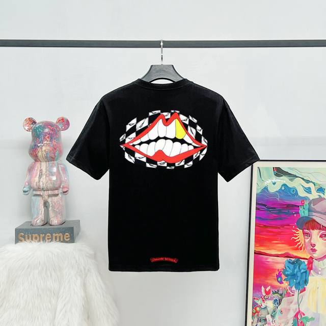 Style: K37 Chrome Hearts Ch Matty Boy Short Sleeve T Shirt Luminous red lips gra