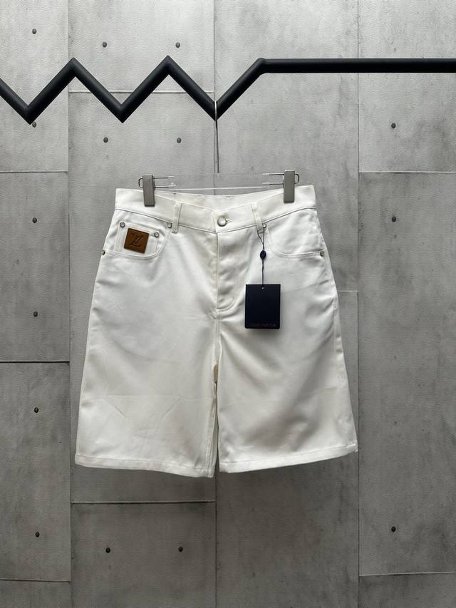 Lv 2025 Fw new spring and summer White denim cotton shorts Pockets with nubuck L