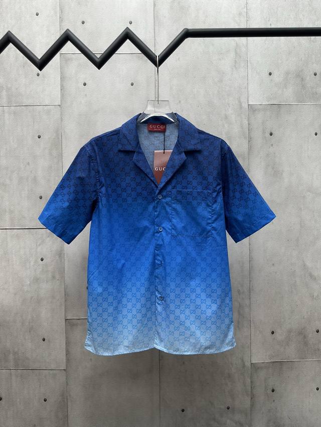Gucci 2025Ss new blue gradient full print double G letter logo blue short-sleeve
