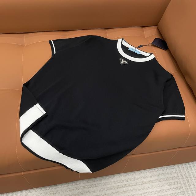 High version Prada 2025 new pure cotton knitted short-sleeved T-shirt for men an