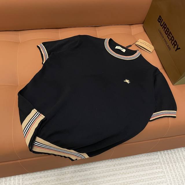 High version Burberry 2025 new pure cotton knitted short-sleeved round neck T-sh