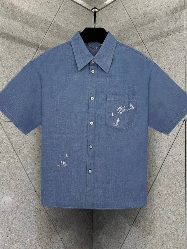 Lv Louis Vuitton sailboat embroidery youth denim shirt short sleeves spot Xs SML