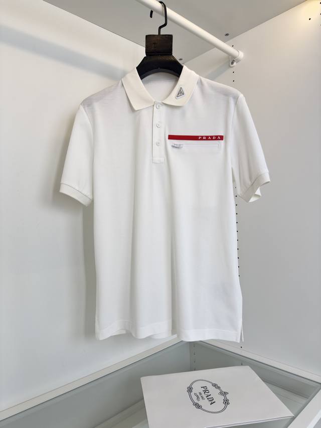 Pr**A 2025 Spring and Summer Casual Lapel Short Sleeve Polo Shirt Pockets Combin