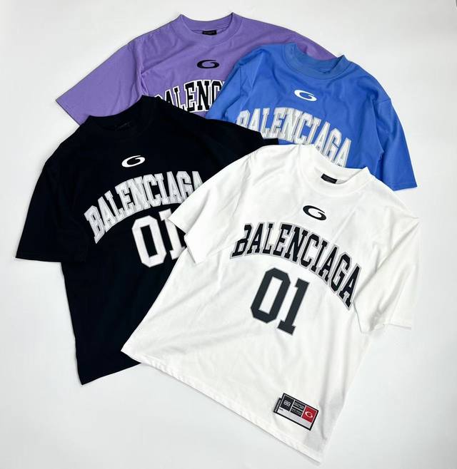 3022 White background Balenciaga new embroidered basketball short sleeves No. 01