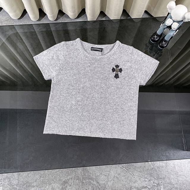 Chrome Hearts Cross Leather Label High-grade Gray Sweater Small Knit Short Sleev