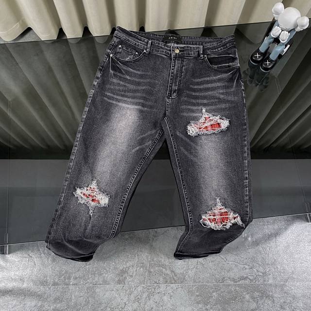 Heavy Amiri Ripped Patch Jeans High Street Slim Jeans Distressed Ripped High Str