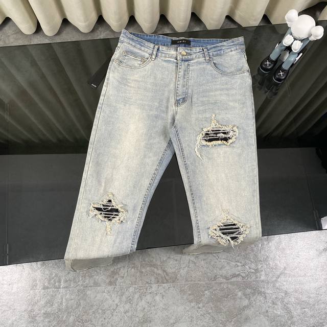 Heavy Amiri Ripped Patch Jeans High Street Slim Jeans Distressed Ripped High Str