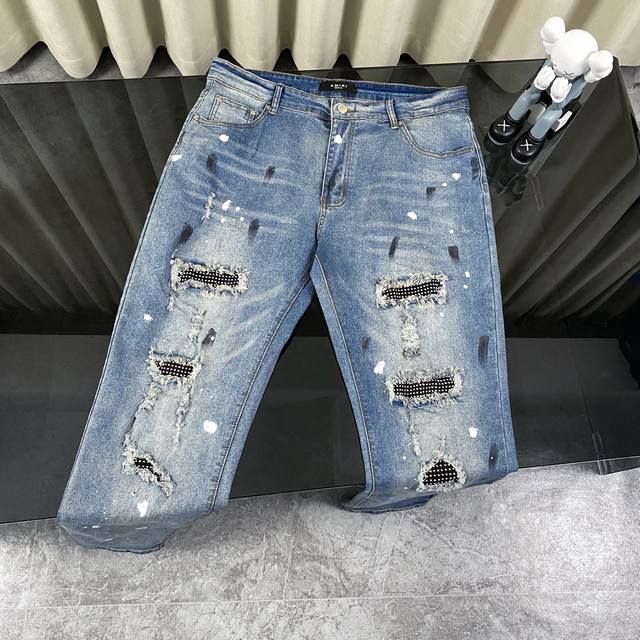 Heavy Amiri Ripped Ink Splashing Patch Jeans High Street Slim Jeans Distressed R