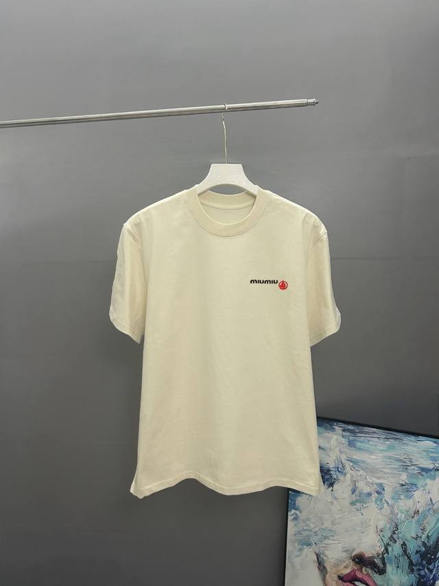 Miumiu 2025 embroidery 2025 spring and summer classic round neck short-sleeved T
