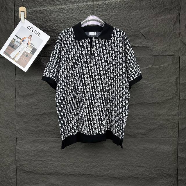 Top version Dior 2025 new jacquard full-print logo couple knitted lapel short-sl