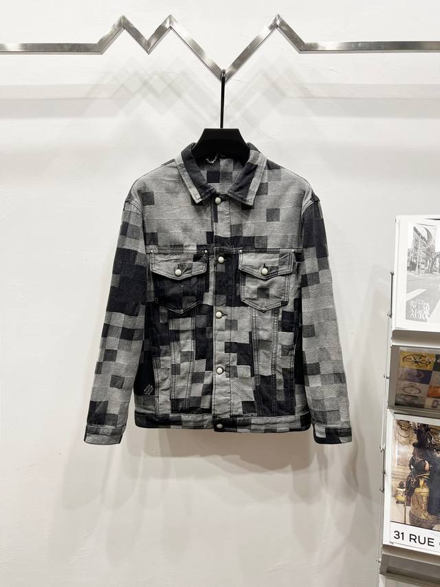 Style: K970 Louis Vuitton Mosaic Black and Gray Checkerboard Denim Jacket - Top