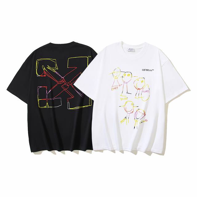 1180# Off-White pure cotton 260G heavy colorful painting cartoon short-sleeved T