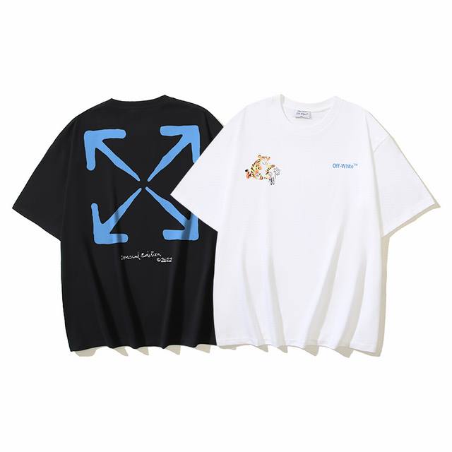 1187# Off-White Cotton 260G Heavy Tiger Arrow Print Short Sleeve T-shirt Black W