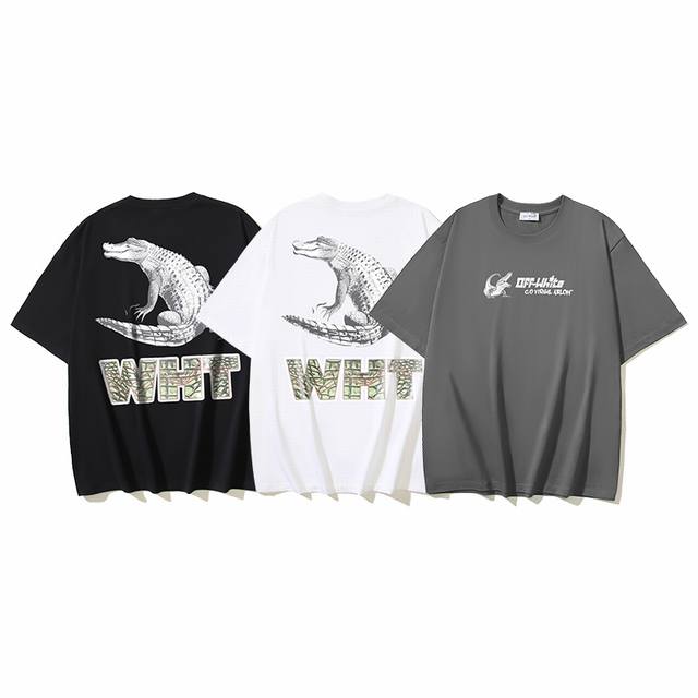 1167# Off-White Cotton 260G Heavy Wht Croco Crocodile Print Short Sleeve T-shirt