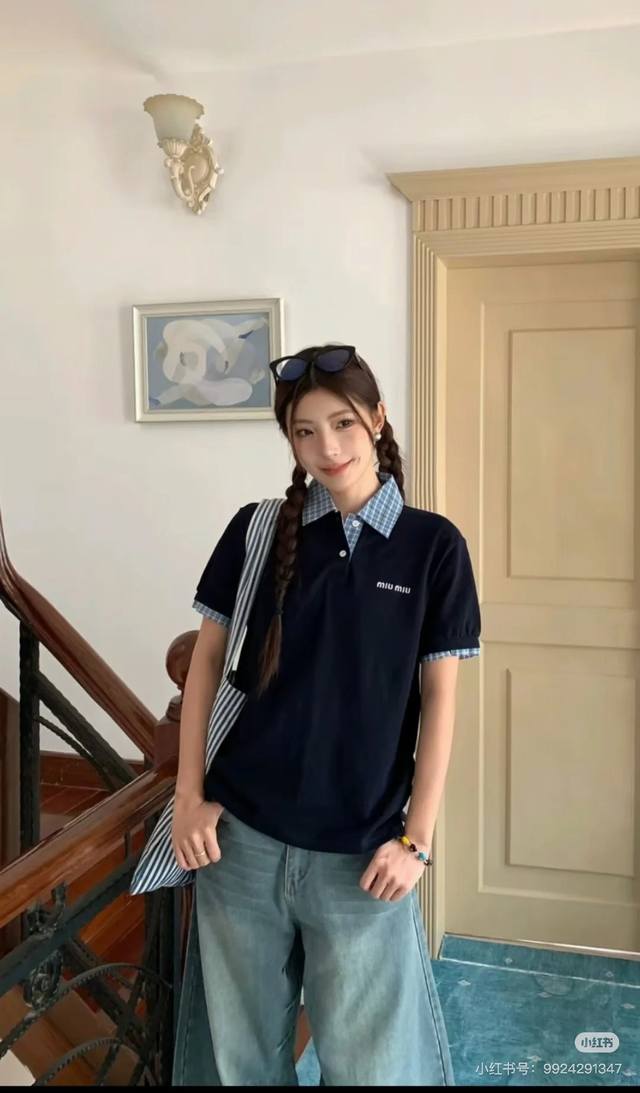 New arrival Model number: G036 Miu Miu's new plaid collar Polo short-sleeved shi
