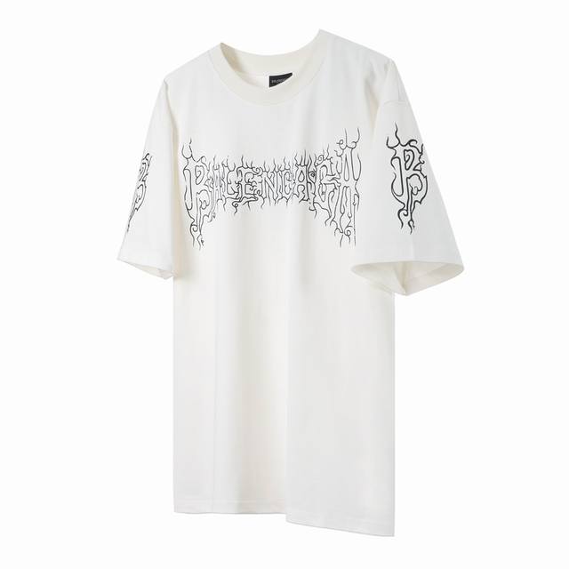 Balenciaga 24Ss white stroke flame letter print short sleeves The fabric is wove