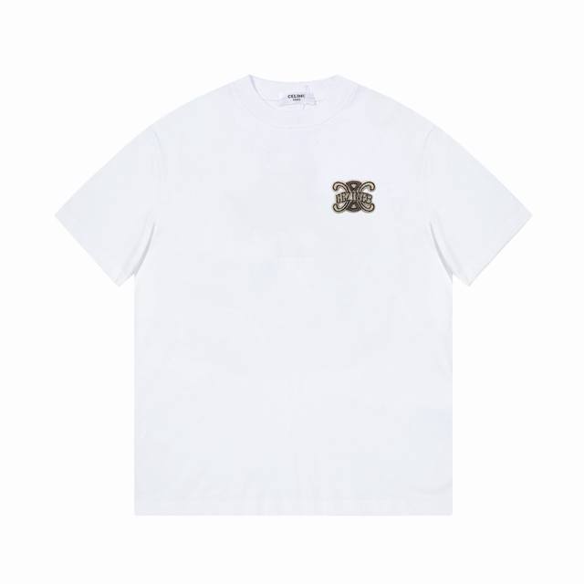 Celine short sleeve embroidery high-end 32S double yarn 260g fabric Heavy fabric