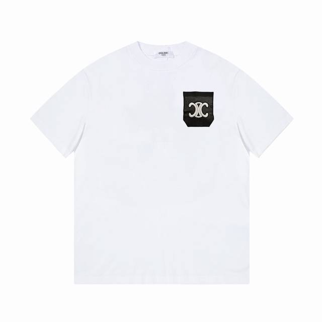 Celine short sleeve embroidery high-end 32S double yarn 260g fabric heavy fabric