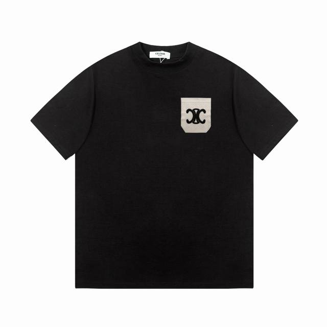 Celine short sleeve embroidery high-end 32S double yarn 260g fabric Heavy fabric