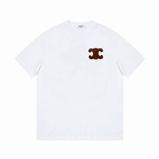 Celine short sleeve embroidery high-end 32S double yarn 260g fabric Heavy fabric