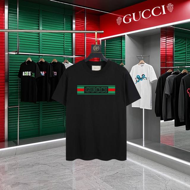 Gucci~Gucci 2025 new high-quality round-neck short-sleeved T-shirt cuffs have im