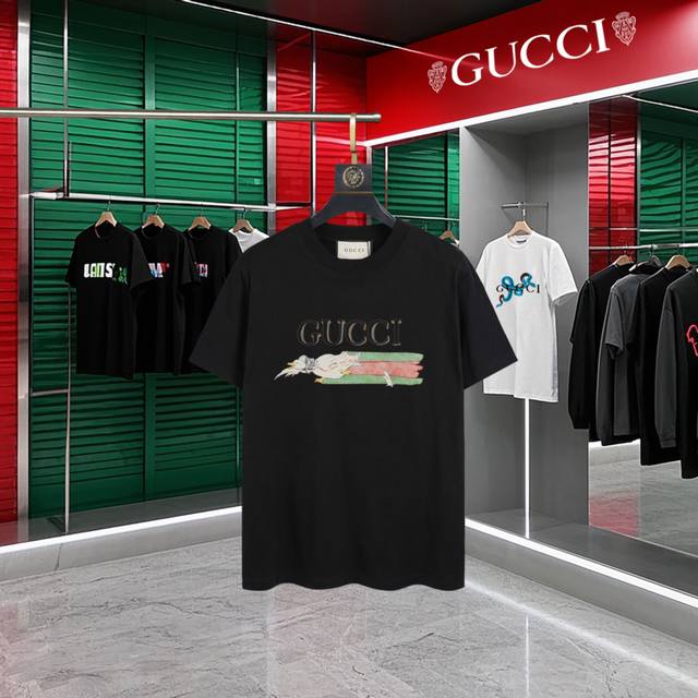 Gucci~Gucci 2025 new high-quality round-neck short-sleeved T-shirt cuffs have im