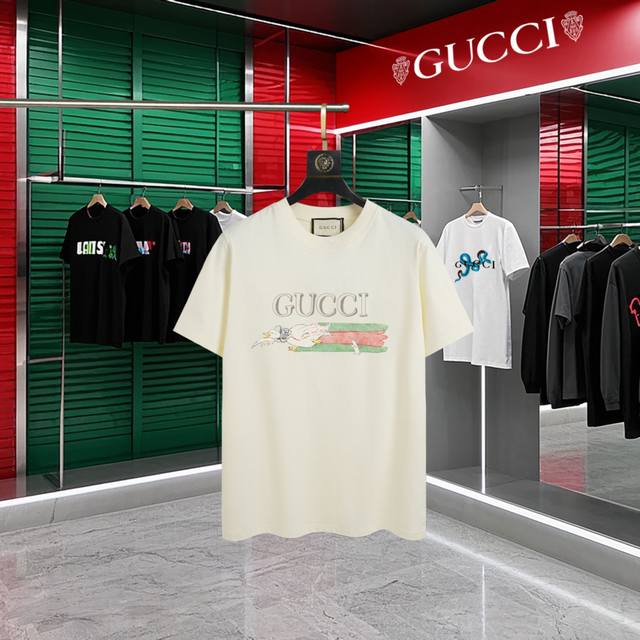 Gucci~Gucci 2025 new high-quality round-neck short-sleeved T-shirt cuffs have im