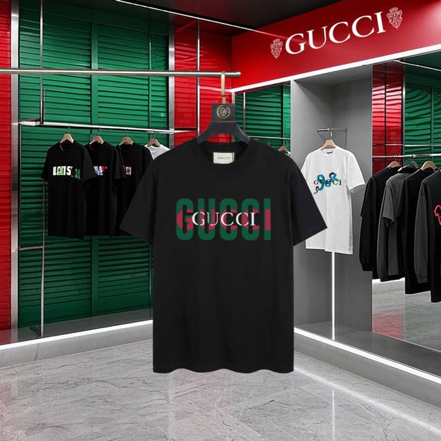 Gucci~Gucci 2025 new high-quality round-neck short-sleeved T-shirt cuffs have im
