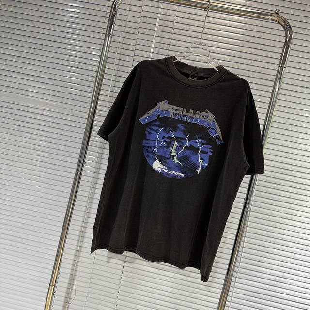 Vintage color-washed and distressed lightning print T-shirt retro heavy metal ro