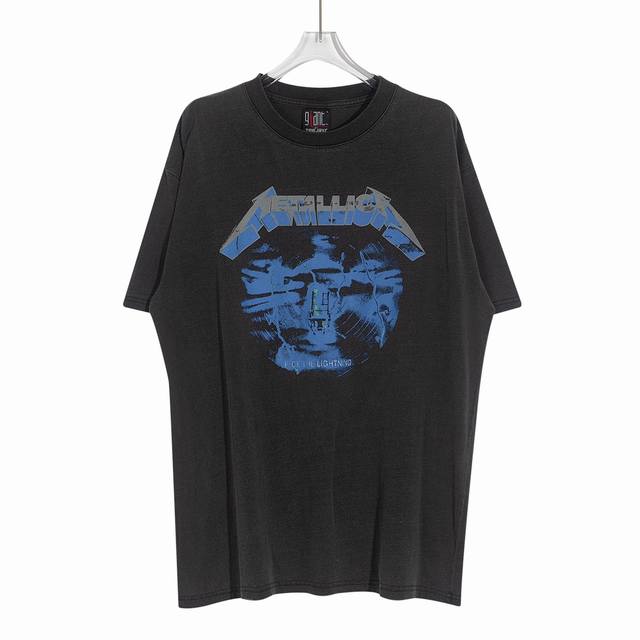 Vintage color-washed and distressed lightning print T-shirt Retro heavy metal ro