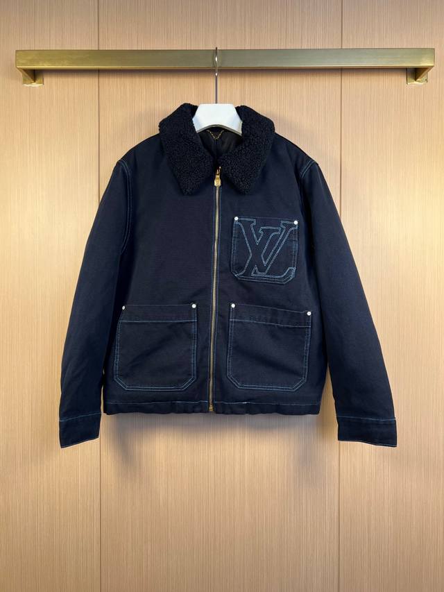 Lv 25Ss Pocket Logo Fur Collar Denim Jacket Size: 46-48-50-52