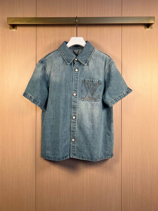 Lv 25Ss Pocket Logo Denim Shirt Half Sleeve Size: S-Xl