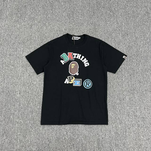 Xx322 Bape colorful letter ape head print short-sleeved T-shirt 270 grams of lin