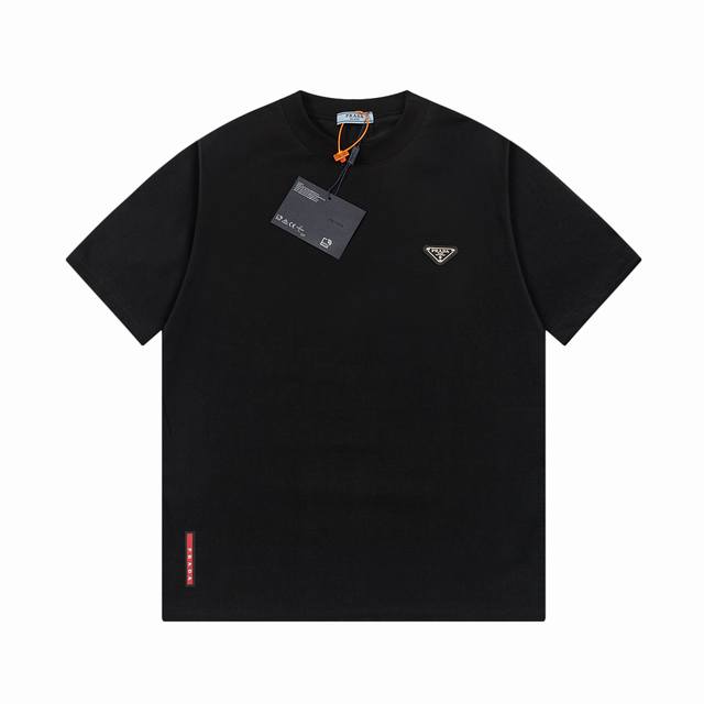 Prada new triangle logo horizontal stripe short-sleeved T-shirt. High quality co