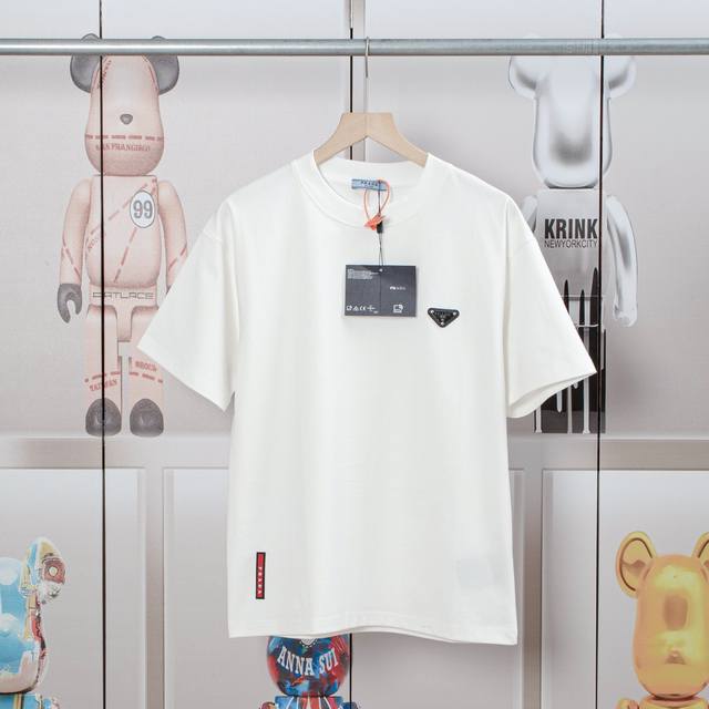 Prada new triangle logo horizontal stripe short-sleeved T-shirt. High quality co