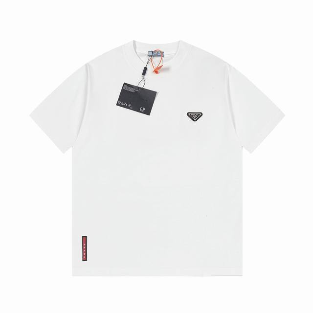 Prada new triangle logo horizontal stripe short-sleeved T-shirt. High quality co