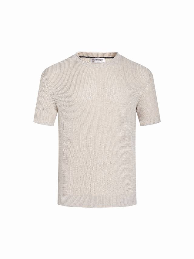 Bc Brunello Cucinelli solid color round neck ribbed cotton and linen knitted sho