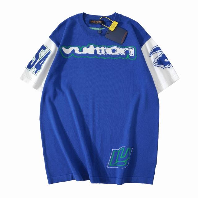 Lv new blue and white patchwork sleeves knitted short sleeves original price 11