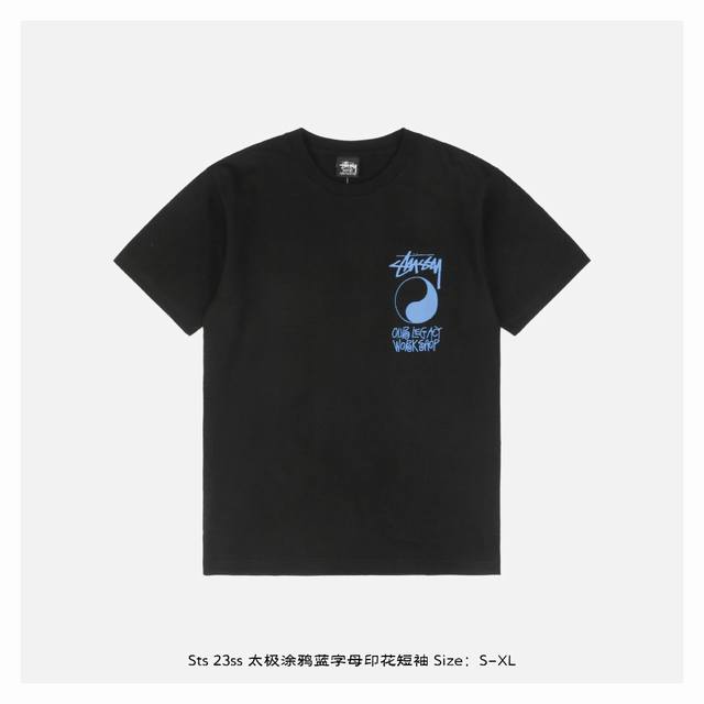Stussy 23Ss Tai Chi Graffiti Blue Letter Printed Short Sleeves The fabric is mad