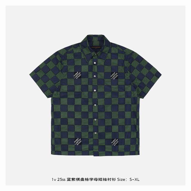 Lv 25Ss Blue and purple checkerboard letter short-sleeved shirt Interprets the b