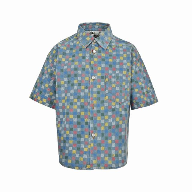 Louis Vuitton Colorful Checkerboard Denim Set Denim Short Sleeve Shirt The patte