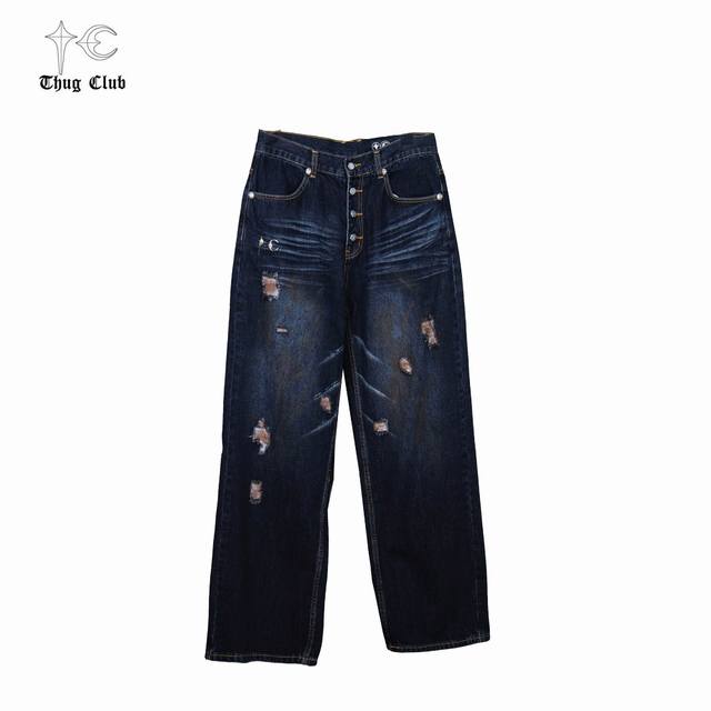 Thug Club Dirty, washed, distressed, vintage loose jeans Unisex style Size: 1 2
