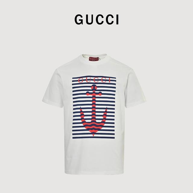 Gucci 25Ss striped anchor print short-sleeved T-shirt Double yarn pure cotton fa