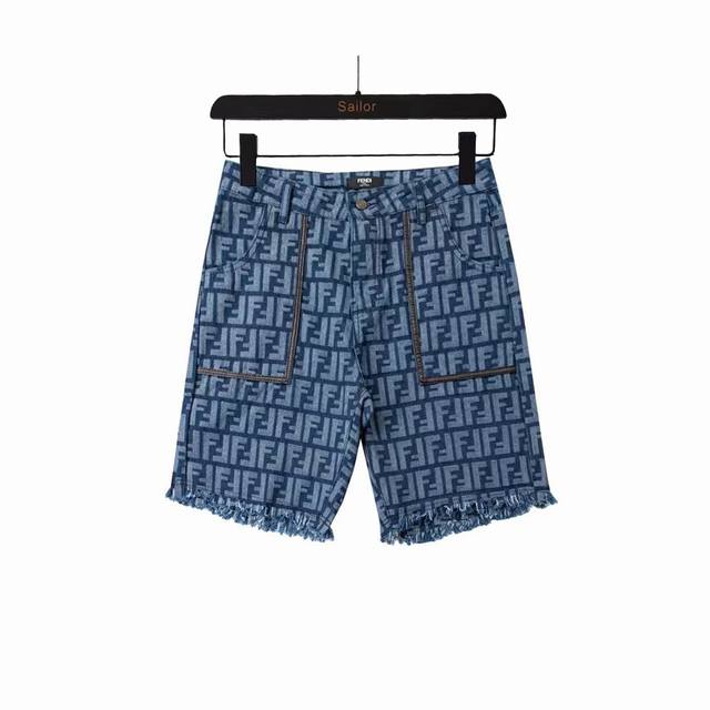 Actual details + size chart Fendi 24Ss full print logo denim shorts Washed five-