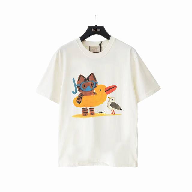 Actual details + size chart Gucci funny cartoon seagull and cat round neck short
